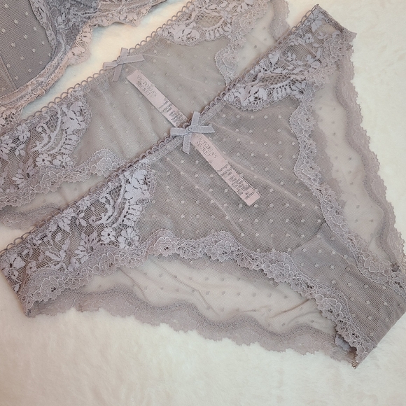 VS Dream Angels 3pc Bra & Panties Set Size 34E/med ☆ Gray Dotted Lace - Picture 2 of 7
